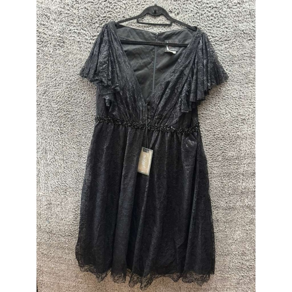 NWT Mac Duggal Butterfly Sleeve Lace Midi Cocktail Dress Black Womens Size 20W